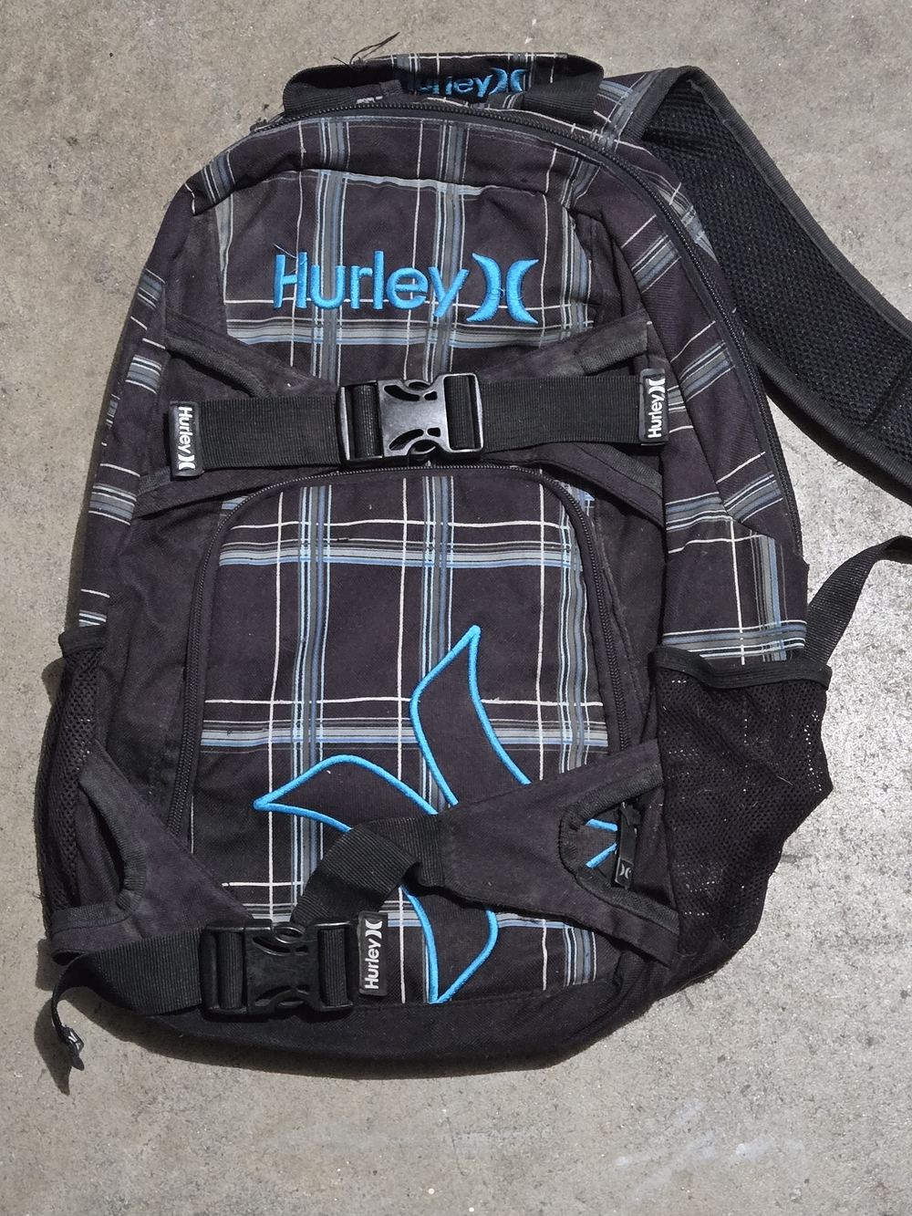 Hurley Black Plaid Backpack with Blue Logo Accents